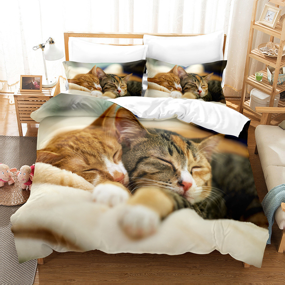 可爱动物猫咪家纺三件套制定外贸系列床品3d印花三件套来图