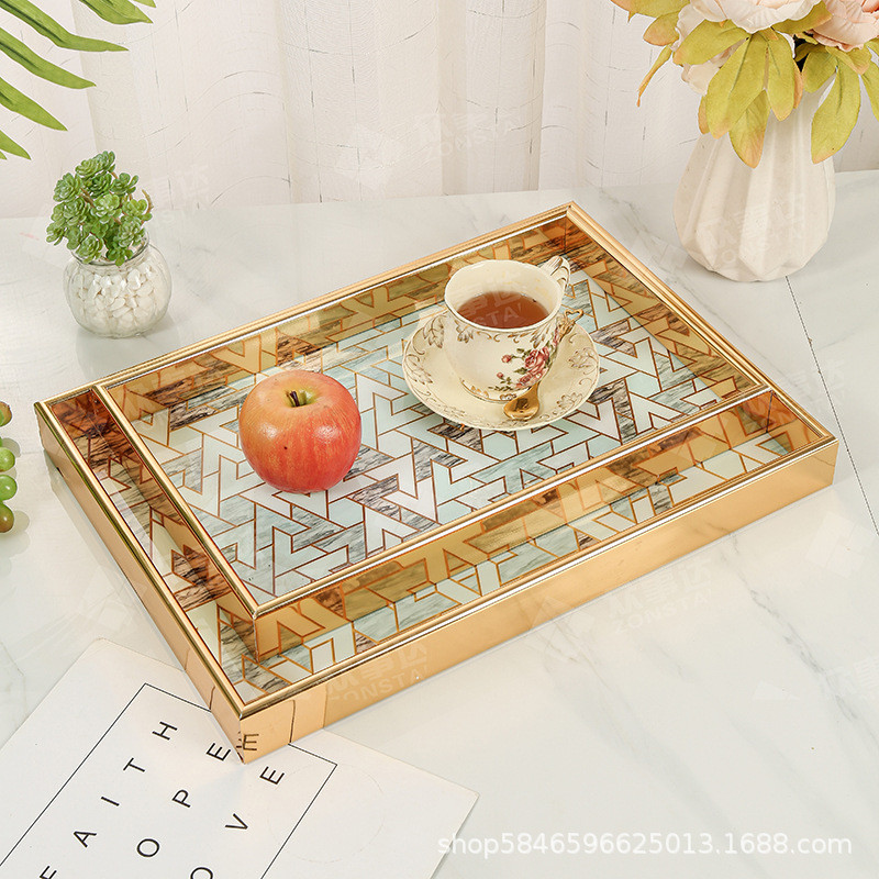 北欧托盘金边长方形轻奢家用水杯盘子客厅茶盘木质创意收纳盘商用