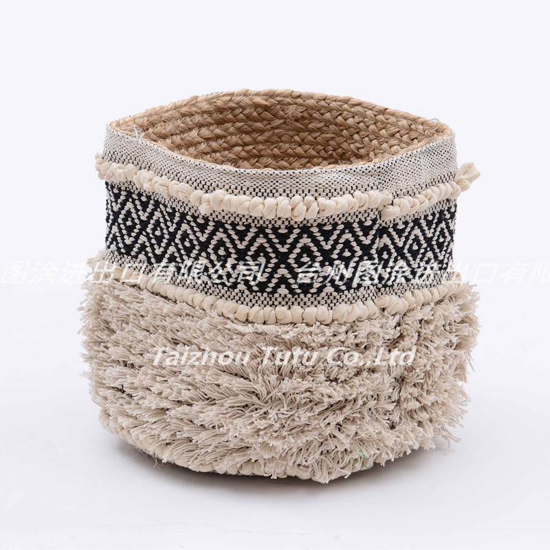 印度进口手工编织流苏收纳篮黄麻篮储物布艺高端别墅民宿软装