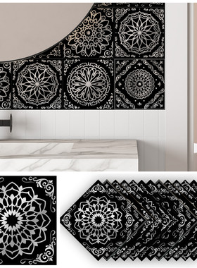 funlife曼陀罗黑色仿银布置瓷砖贴厨卫加厚墙地两用防水贴kts065