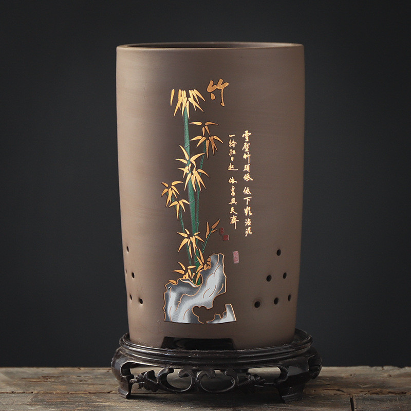 热销紫砂兰花盆陶瓷吊兰大口径透气圆筒家用兰草君子兰专用花盆带