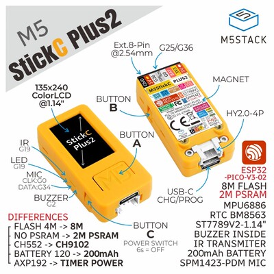 官方M5Stack M5StickC PLUS2 ESP32 紧凑型物联网IoT开发套件