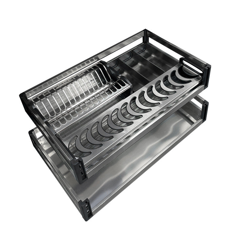 不锈钢拉篮厨房橱柜三边双层抽屉式碗碟diy篮置物架收纳阻尼轨道