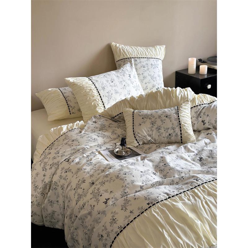 w1tr200支复古法式碎花褶皱被套少女四件套长绒棉柔软