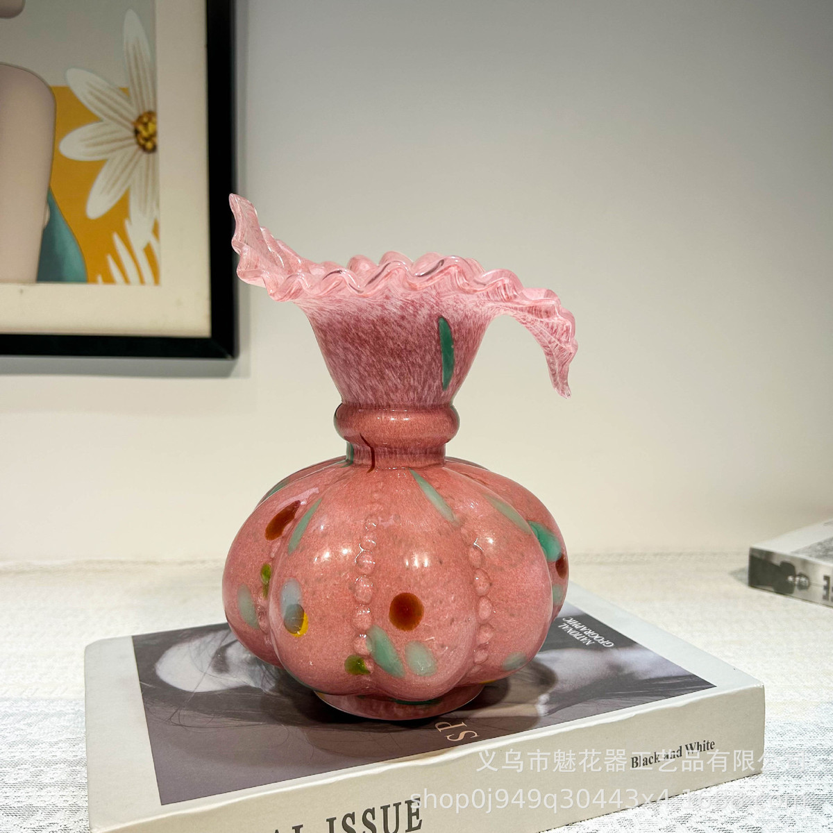 小清新奶油芬琉璃手工顿花瓶家居玄关插花器样板间高级感装饰摆件