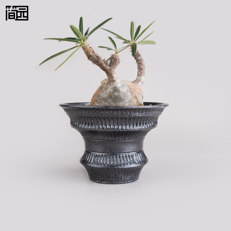 简园「圣杯」藏银色金属釉敞口收腰陶瓷花盆沙生块根植物花盆盆