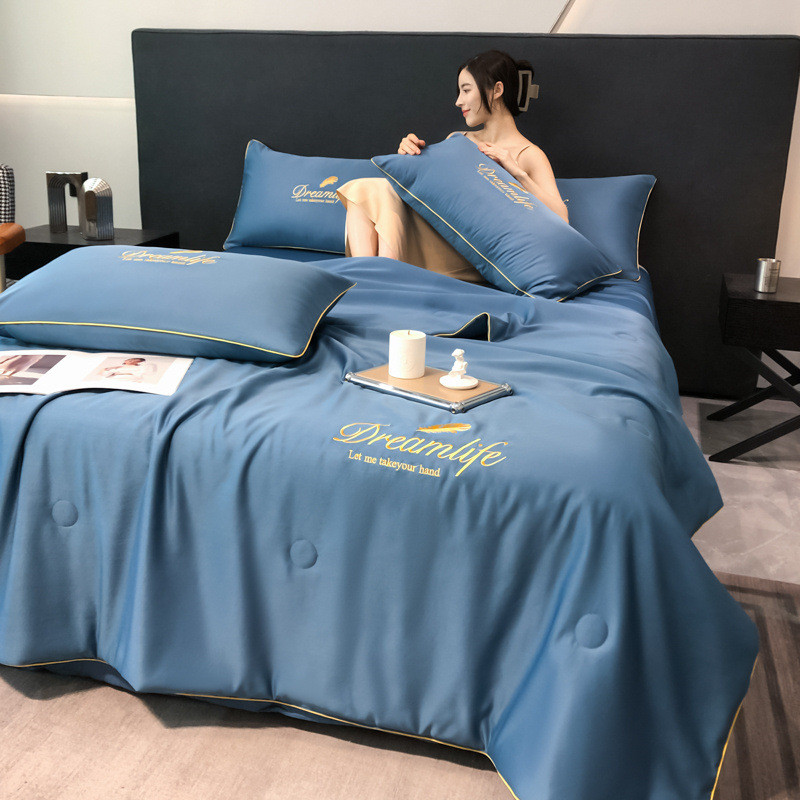 冰丝夏凉被四件套床笠款空调被可水洗双人天丝夏被刺绣裸睡薄被子