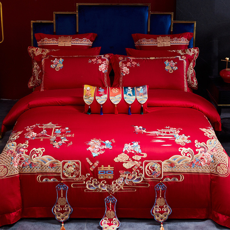 大红婚嫁结婚红色百子图四件套120支婚庆床上用品婚礼床单六件套