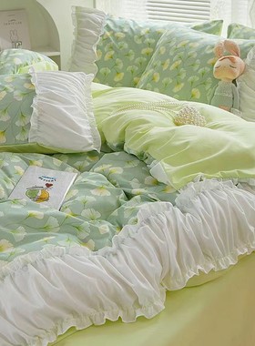 绿色学生宿舍床上三件套水洗棉被套公主风床裙床单四件套床笠清新