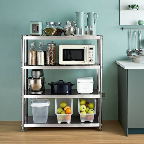 不锈钢厨房置物架五层落地储物架多层微波炉烤箱架四层收纳架货架