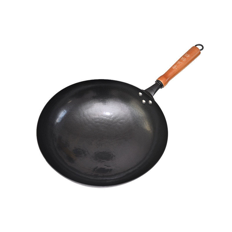 古法镜面黑锅木把铁锅鱼鳞无涂层手工锻打镜面锅老式炒菜不粘锅