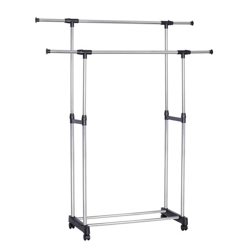 批发不锈钢阳台晾衣架带鞋架置物架双杆室内落地式晒衣架直供