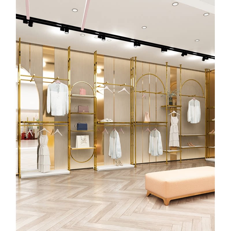 金色服装店展示衣架不锈钢拉丝陈列落地双层货架高柜挂衣杆架