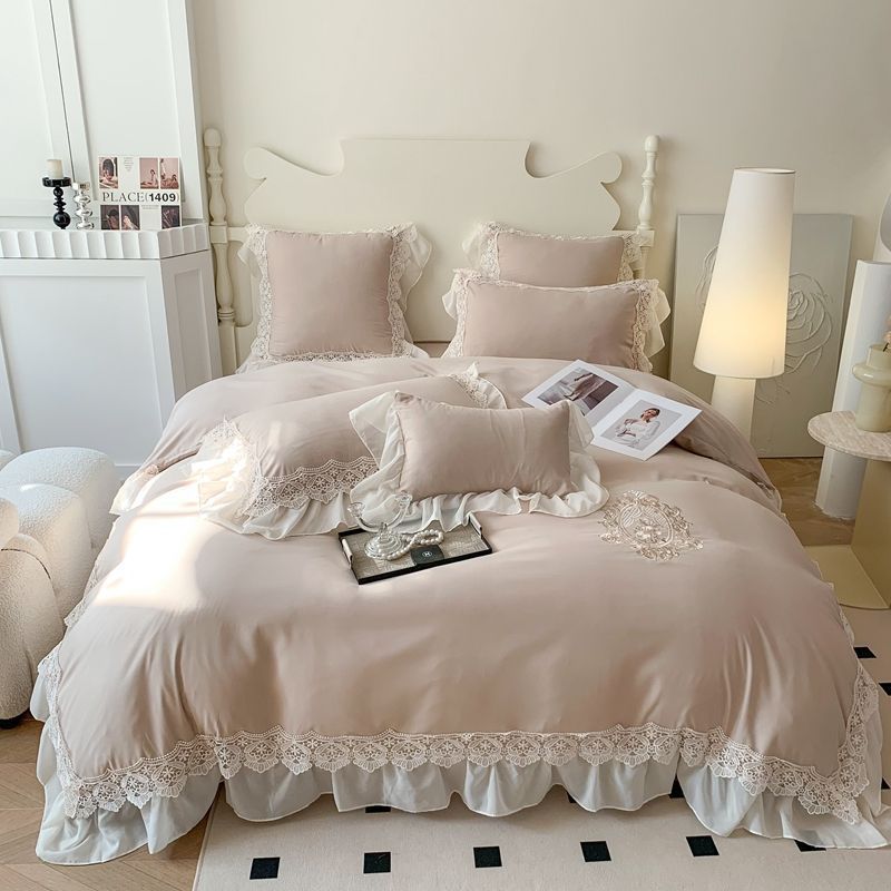 白色四件套刺绣法式轻奢高档水洗棉全棉公主蕾丝花边被套床上用品