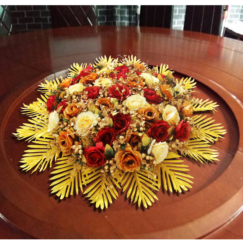 插花花摆件仿真花装饰花饭店圆桌花绢花电动转盘中间酒店餐桌花艺