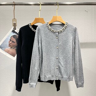 女毛衣外套秋季 羊毛针织衫 优雅圆领长袖 典雅气质手工订珠水钻法式