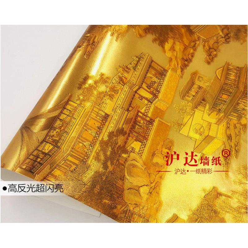 3ew1新中式复古风格墙纸典禅意仿古金箔金色金黄色清明上河图壁纸