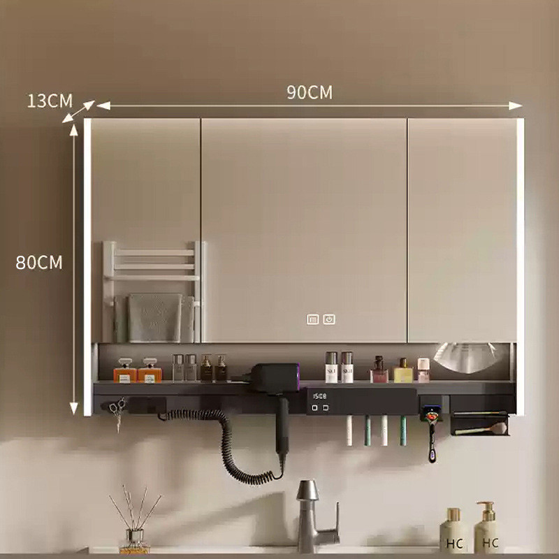 不锈钢浴室镜柜多功能带灯防雾柜卫生间镜子电吹风机架一体单独厂