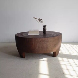 整木制作实组合客厅圆形茶几木墩酒店民宿侘寂风原木根雕边几角几