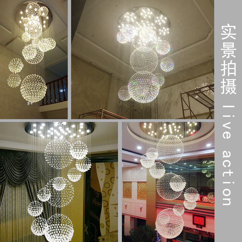 梯大水晶吊线灯现代豪华别墅跃层客厅圆形楼中楼复式楼长吊灯