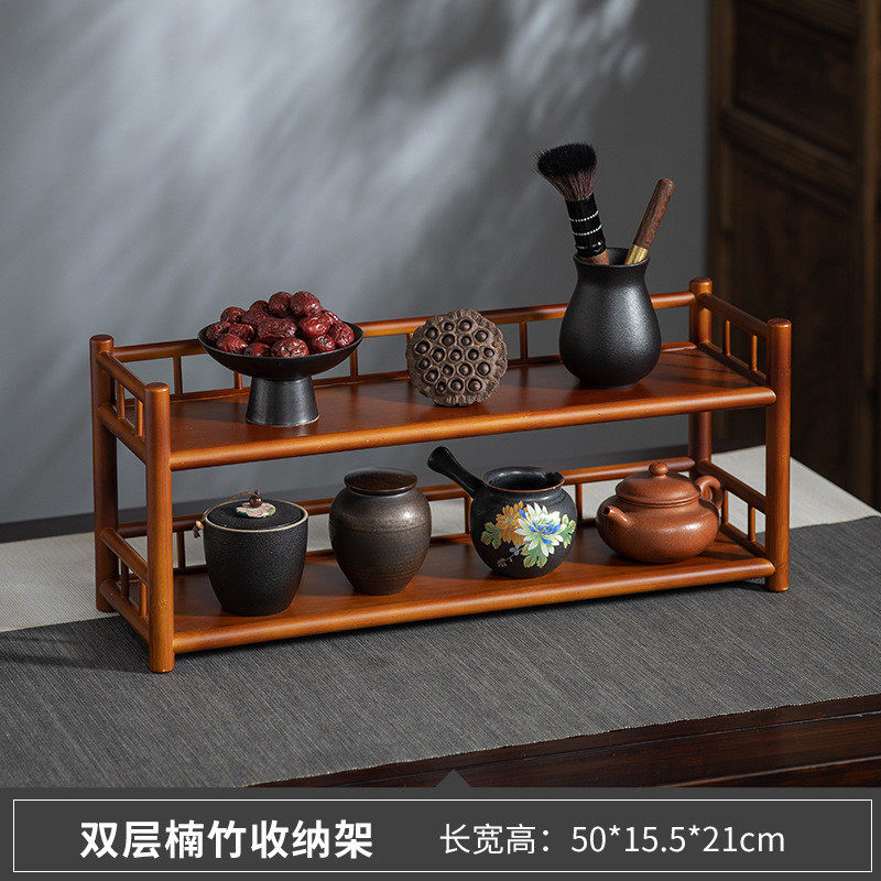 楠竹实心三层架子置物架茶杯围栏茶具收纳架中式茶棚博古架茶杯架