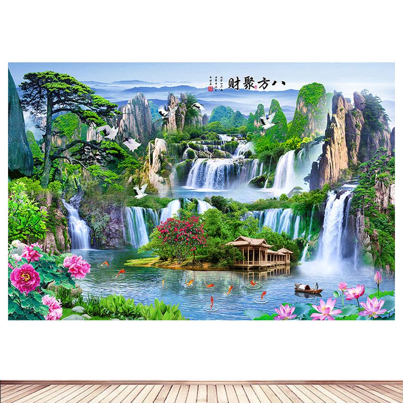 八方聚财客厅卧室墙贴装饰画瀑布聚宝盆荷花九鱼图山水画自粘壁画图片
