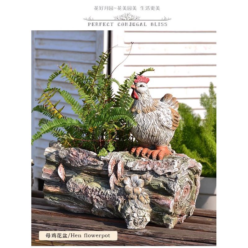 晓院花园新款创意母鸡阳台花园装饰花盆木桩花盆仿真动物庭院摆件