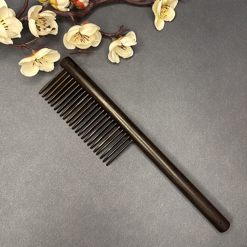 梳子齿圆柄长木梳加厚密齿顺发梳紫光檀长柄木梳景区摆摊插批发