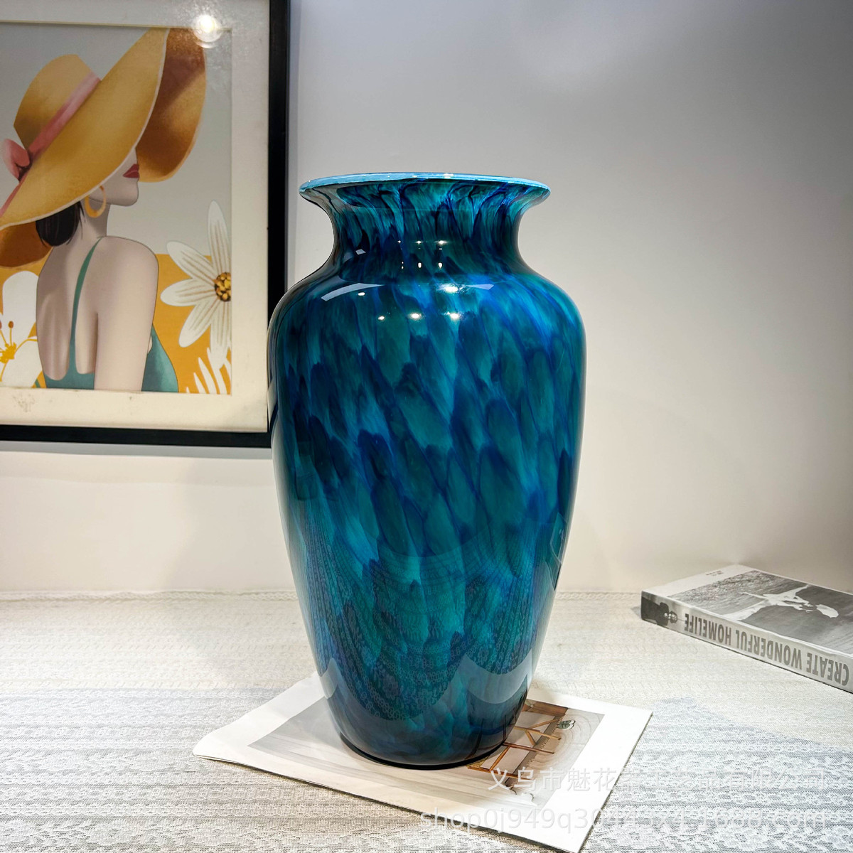 中古风孔雀翎琉璃手工花尊电视柜博古架落地高级感样板间创意摆件