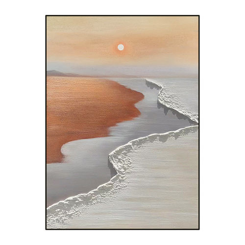 奶油客厅沙发背景墙装饰画手绘肌理画侘寂风日照金滩玄关挂画风