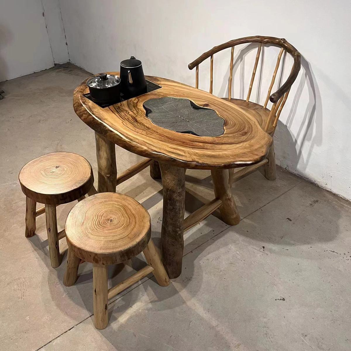热销客厅茶几茶桌椅组合实木家用原生态香樟木功夫泡茶台原木根雕