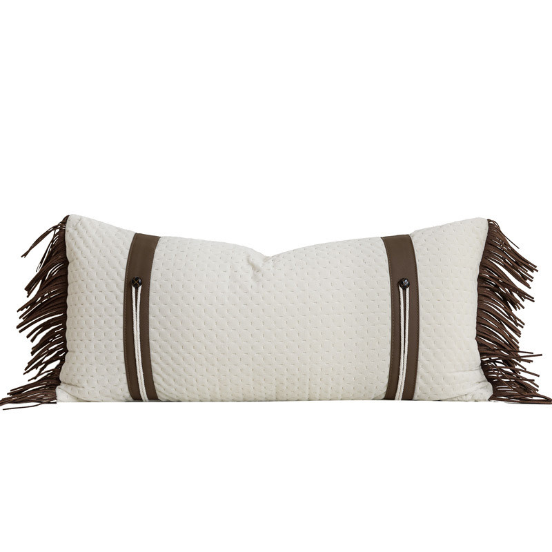 现代轻奢样板间流苏腰枕靠垫长条形靠枕米白橘色抱枕酒店民宿沙发