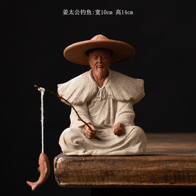 紫砂泥姜太公渔翁钓鱼摆件陶瓷人物假山垂钓老头鱼缸造景