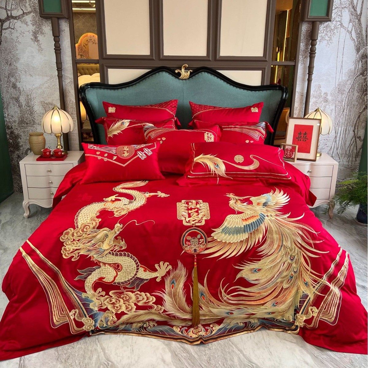 龙凤呈祥贡缎四件套婚庆家纺红色四件套长绒棉刺绣结婚床上用品,床上用品,婚庆床品套件,淘宝优惠券,粉丝福利购,淘宝优惠卷