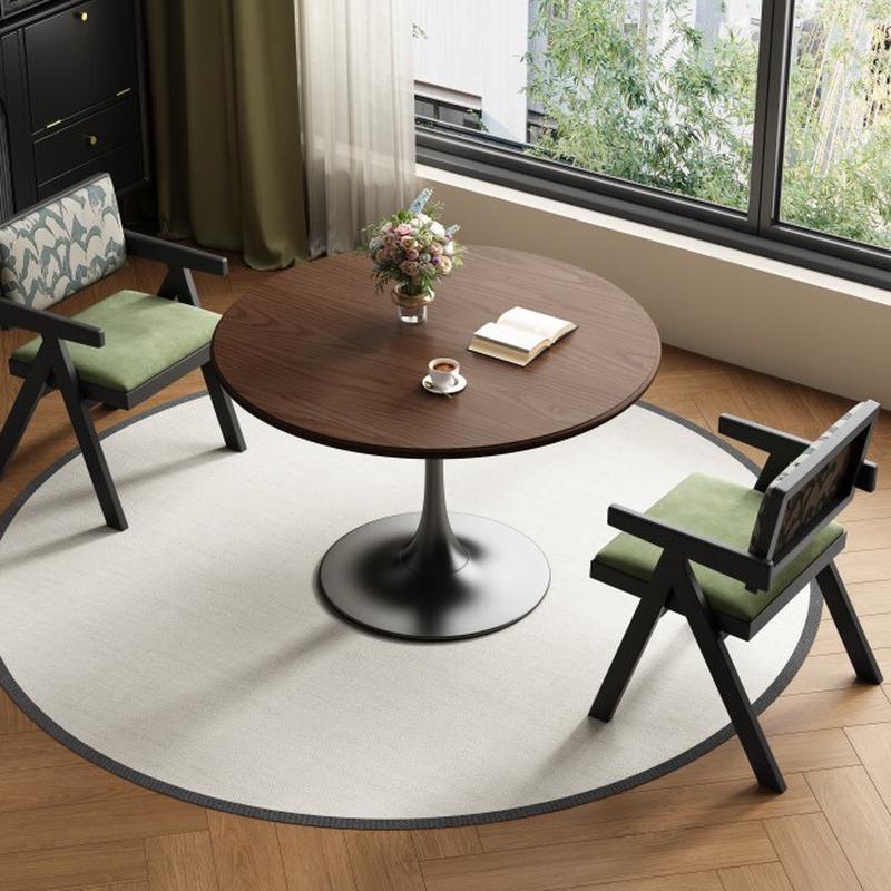 复中古风咖啡郁金香圆形餐桌小户型家用阳台实木小圆桌洽谈胡桃色