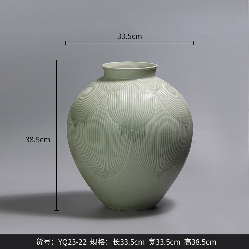 bestwest新中式青色花瓣粗陶复古陶瓷花瓶摆件高档样板间装饰品