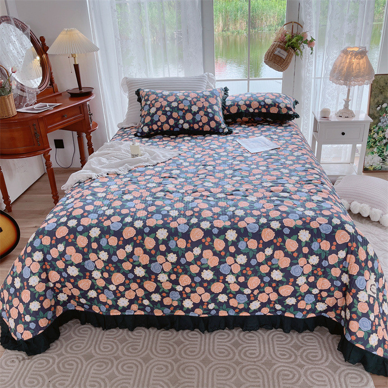 法式床上用品三件套全棉绗缝床盖四件套单床盖枕套花边复古风