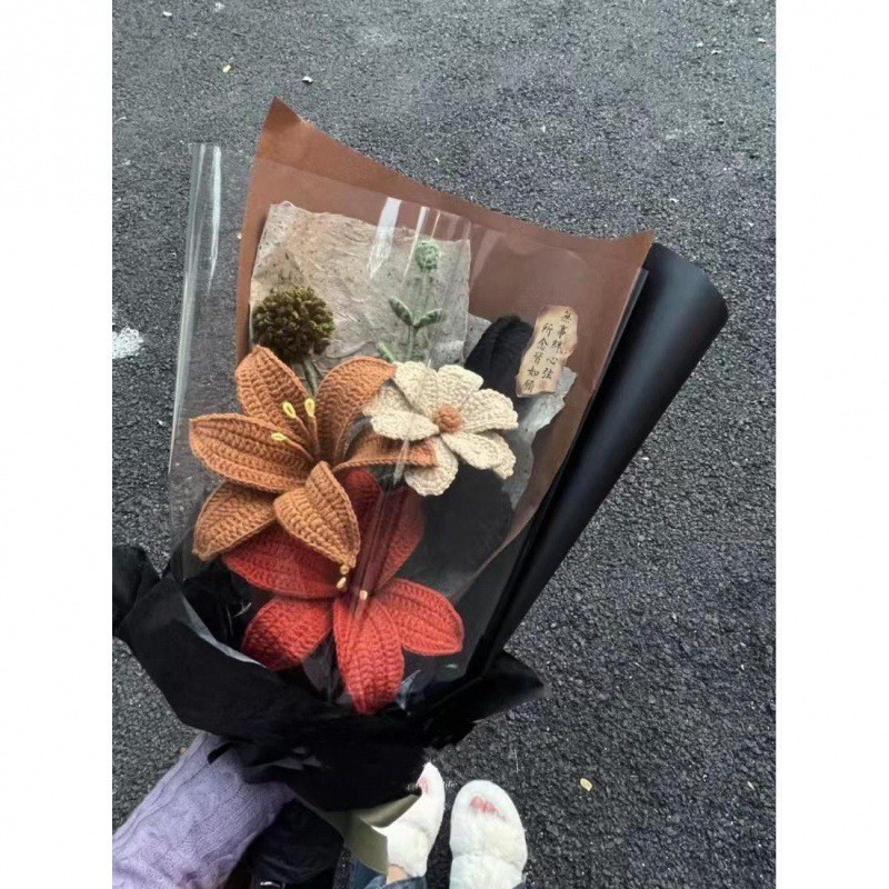 毛线花成品编织diy酒杯玫瑰百合花束复古毛线钩织成品送女友闺蜜