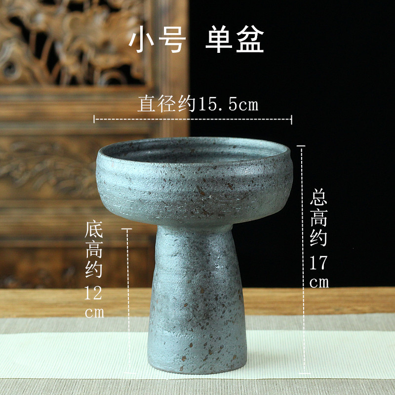 作手粗陶高脚花盆复古仿旧插花器茶室客厅装饰摆件花盘果盘