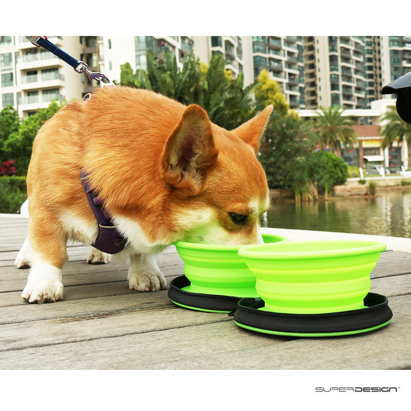 休普宠物用品外出便携可折叠狗碗水碗狗狗喂食车缝硅胶双碗