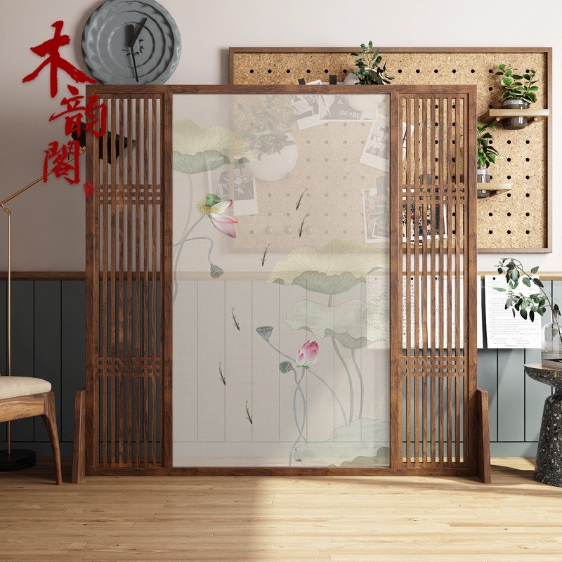 新中式屏风隔断客厅简约现代时尚卧室遮挡家用禅意实木荷花座屏