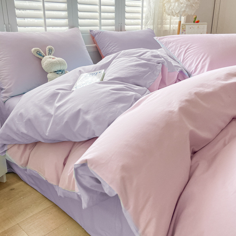 7l8k简约双拼水洗棉四件套夏季被套ins少女心床单宿舍床上三件套