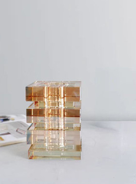 现代轻奢方形叠层水晶花器摆件售楼处酒店玄关仿真花艺软装样板间