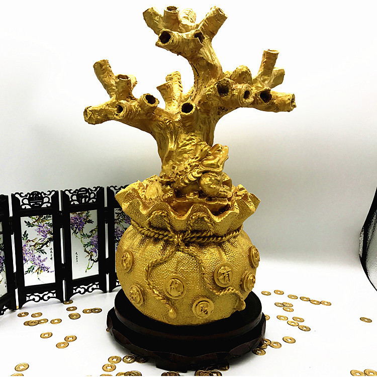 黄水晶招财树底座 特大钱袋金蟾盆景树脂工艺品家居饰品diy摆件