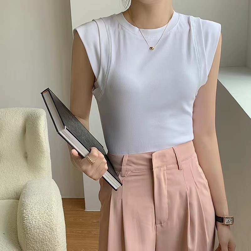 新款纯色宽肩背心女带胸垫小飞袖美背高领内搭外穿修身短款上衣女