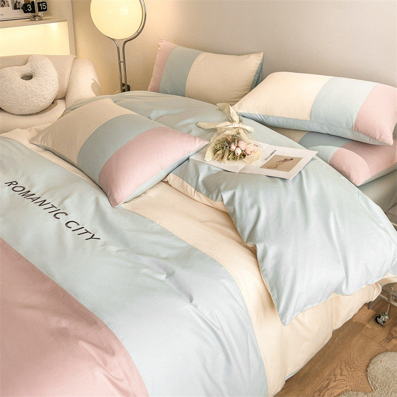 北欧风全棉拼色刺绣四件套家用民宿套件学生宿舍床上用品床单被套