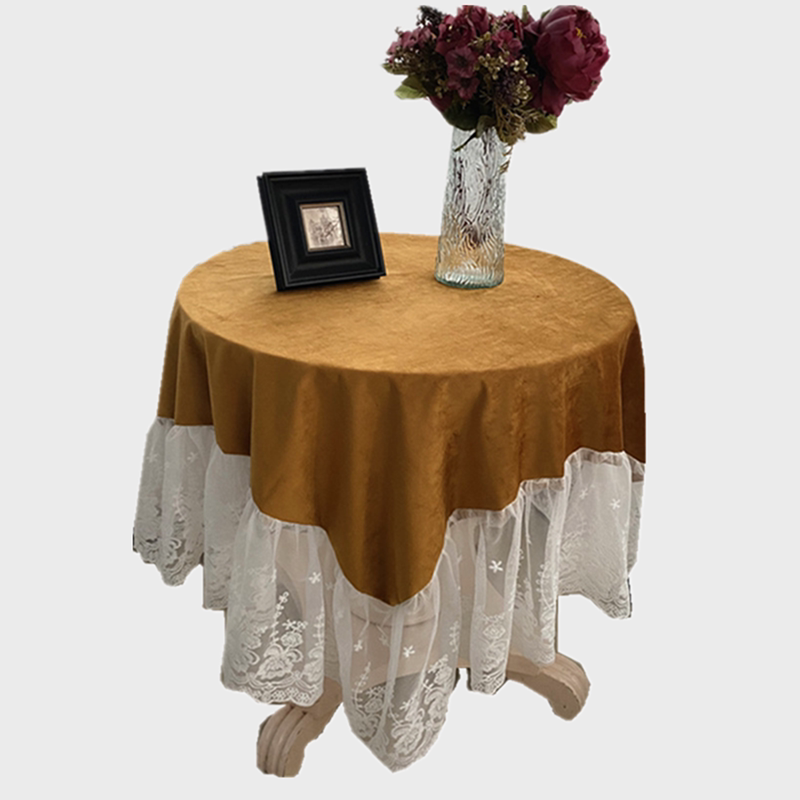 批发美式金色橄榄绿丝绒装饰蕾丝桌布酒红法式复古盖布茶几孔雀蓝