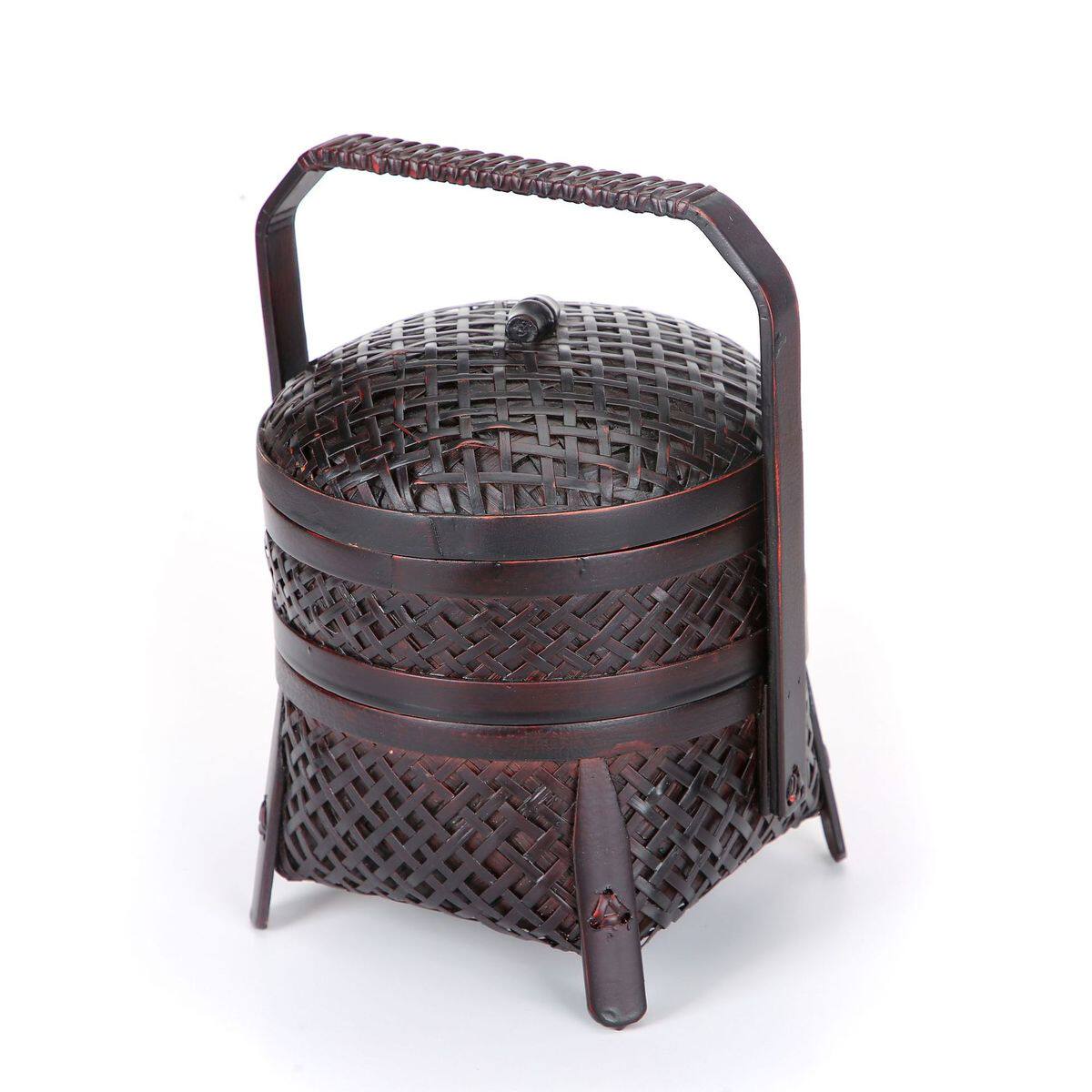 竹编精致双层食篮点心盒茶具收纳篮茶道摆件配件带盖防尘储物盒