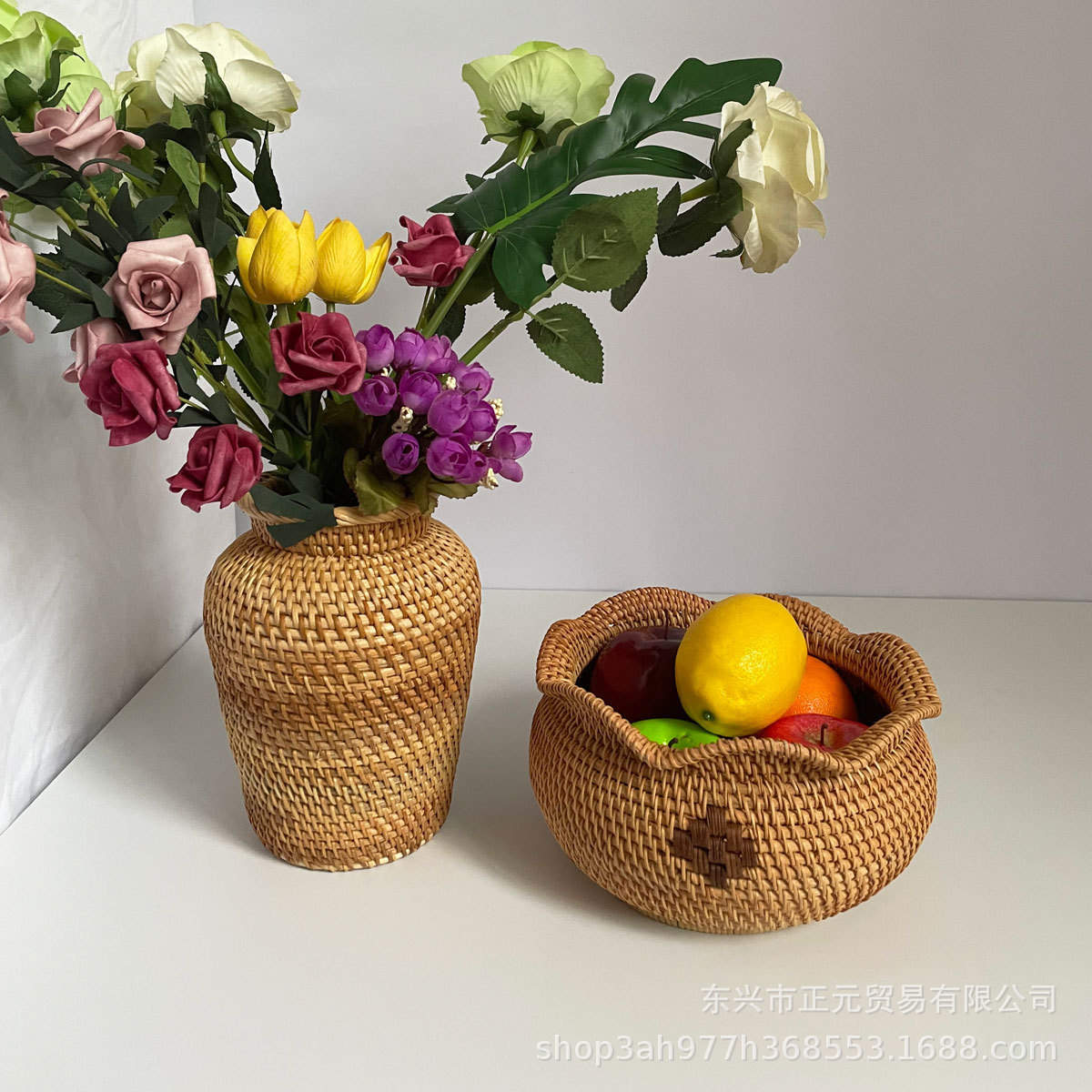 藤编花瓶客厅落家居装饰干花插花摆件桌子装饰花瓶篮子花边果盘