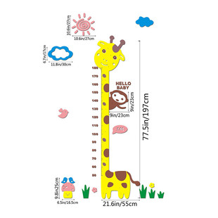 卡通长颈鹿亚克力身高贴可移除3d立体猴子水晶墙贴儿童房贴纸量尺